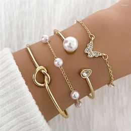 Link Bracelets VAGZEB 4pcs/sets Bohemian Pearl Set For Women Gold Color Geometry Crystal Butterfly Bangles Jewelry Gifts