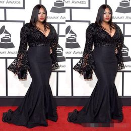 Grammy Awards Plus Size Celebrity Evening Dresses Long Sleeves Jazmine Sullivan Sequins Prom Gowns Black Lace Mermaid Evening Gown273V