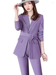 Women's Two Piece Pants Purple White Blue Ladies Pant Suit Women Female Single Breasted Formal Blazer And Trousers Work Wear 2 Set With