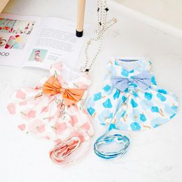 Dog Apparel Summer Dress Harness With Leash Cute Floral Cat Bow Puppy Princess Skirt Soft Pet Kitten Clothing Chihuahua Clothes
