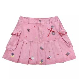 Skirts Summer Handmade Crucifix Embroidery Skull Street Corner Girlish Light Pink Sweet Cute Kawaiistyle Short Denim Pleated Skirt 230720