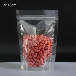 100pcs lot 9x13cm Stand Up Zip Lock Nuts Food Storage Bags Clear Plastic Reclosable Package Bag Grip Seal Packing Pouch for Scente2253