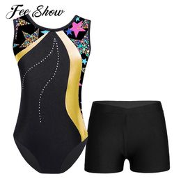 Sports Socks Teen Kids Girl Gymnastics Bodysuit Dancewear Ballet Leotards Girls Sleeveless Printed Stretchy Dance Leotard with Shorts Outfits 230720