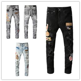 Designer Mens Jeans Heavy Industry Ripped Slim-leg Jean s Patches Vintage Style Hole Fashion Men Holes Pants Slim Motorcycle Biker283p