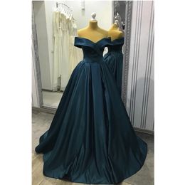Elegant Saudi Arab Satin Navy Blue Evening Dresses V Neck A Line Off The Shoulder Party Prom Gown Vintage Dubai Floor Length