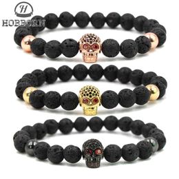 HOBBORN Trendy Natural Lava Stone Bracelet Women Men Hip Hop Rose Gold Silver Colour Charm CZ Skull Bracelets Pulsera Hombre269h