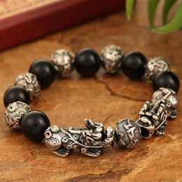 Silver Plated 3D Luck Pixiu Charm Natural Stone Buddha Beads Bracelet Animal Feng Shui Jewelry267j