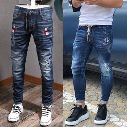 Cool Guy Biker Jeans Bleach Distressed Paint Bird Patch Accent Damaged Slim Fit Cowboy Trousers Men2189