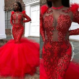 African Girls Red Sequined Feather Mermaid Prom Dresses Sheer Long Sleeve Jewel Neck Illusion Formal Arabic Evening Gowns244K