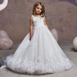 Beaded Feather Girls Pageant Dresses Jewel Neck 3D Appliqued Princess Flower Girl Dress Sequined Sweep Train First Communion Gowns2882