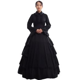Retro Women Gothic Mediaeval Flounces Reenactment Costume Dress Vintage Victorian Carnival Party Black Ball Gown Dress273R