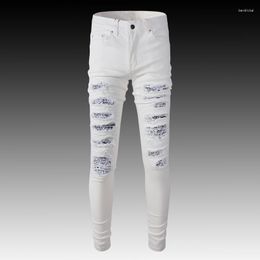 Men's Jeans Streetwear Fashion Men White Elastic Slim Fit Destroyed Ripped Patched Designer Brand Hip Hop Punk Pants Hombre