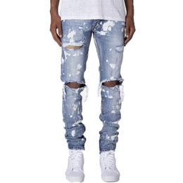 Men Paint Ripped Jeans Hollow Out Middle Waist Skinny Trousers with Pockets Casual Style Bottoms329L