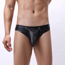Men's Black Leather Bikini G-String Thong Lingerie Underwear Underpants Bulge Pouch Male Panties T-back with Buckle Pouch275j