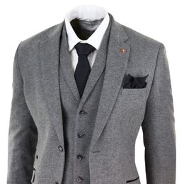 Mens Dark Grey Herringbone Tweed 3 Piece Suits Peaky Blinders Wool Suit Wool Tweed Suit Jacket Vest Pants Custom Made Wedding Tuxe216s
