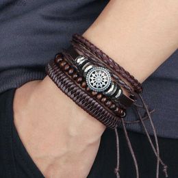 4Pcs Set Braided Wrap Leather Bracelets for Men Vintage Life Tree Rudder Charm Wood Beads Ethnic Tribal Wristband Rope Bracelet L230704