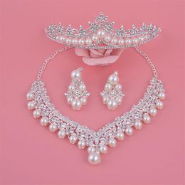 Bride Crystal Pearl Costume jewelry sets New Design Rhinestone Choker Necklace Earrings Tiara Bridal Women Wedding Jewelry Set252p