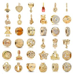 925 Sterling Silver Metal Bead Zirconia Sparkling Gold Charm fit Pandora charms Silver 925 Bracelet DIY Women Jewelry290e