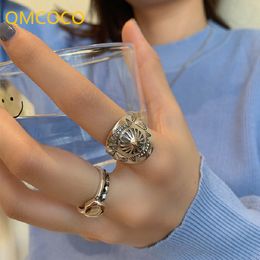 QMCOCO Silver Color Punk HipHop Adjustable Wide Rings Korea Women Fashion Vintage Handmade Personality Party Jewelry Gifts