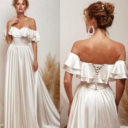 Vintage Off the Shoulder Wedding Dresses Short Sleeve Corset Back Beading Waist Floor Length A Line Bridal Gowns Custom Plus Size201v