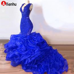 2022 New Year Organza Ruffles Skirt V Neck Royal Blue dresses Mermaid Prom Aso Ebi African Evening Gowns Party Gowns Robe De Soire340w