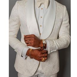 Men's Suits & Blazers Style Groomsmen IVory Pattern Groom Tuxedos Shawl SAtin Lapel Men 2 Pieces Wedding Man Jacket Pants Tie309r