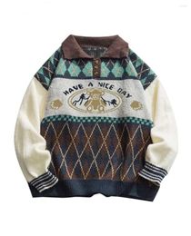 Men's Sweaters Sweater Bear Geometric Pattern Buttons Ethnic Streetwear Pullover Fall Winter Turn-down Collar Outwear