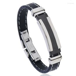 Link Bracelets Fashion Punk Black Bracelet Cuff Silicone Stainless Steel Wristbands Men Women Simple Casual Charms Rubber Bangle Hiphop