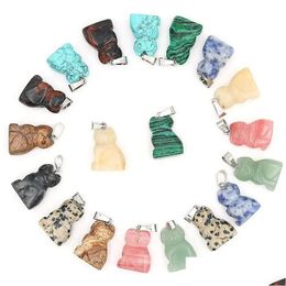 Charms Natural Stone Cat Pendant Carved Crystal Healing Reiki Decoration Craft Home Mini Decor Gemstone Jewellery Wholesale Dr Dhgarden Dho2E