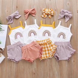 Three Piece Baby Girl Clothes Fresh Rainbow Suspender Jumpsuit Solid Color Shorts Pants with Headband3131