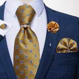 Bow Ties Designer Yellow Plaid Dot For Men Wedding Party Neck Tie Luxury Ring Brooch Silk Set Gift DiBanGu