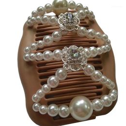 Women Magic Double Hair Comb Imitation Wood Pearl Clip Stretchy Hairpin Bead DIY C6UD1287Q