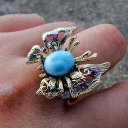 Cluster Rings Selling Larimar 925 Sterling Silver Two Tone Plated Natural Butterfly Adjustable For Gift