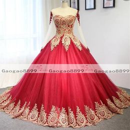 2019 red Ball Gown Mexico Quinceanera Dresses gold lace appliques Sweet 16 Dresses Prom Dresses plus size Lace Up vestidos de quin228P