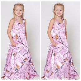 Full Pink Camo Long A Line Flower Girl Dresses Custom 2020 Top Cheap Camouflage Real Tree Camo Kids Girls Party Gowns Country230p