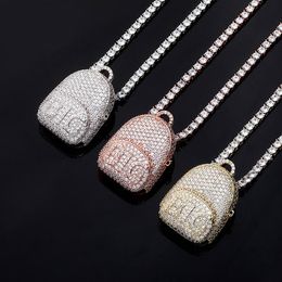 Unique Fashion Design Gold Silver Color Iced Out Bling CZ BIG Schoolbag Pendant Necklace with 24inch Rope Chain For Men Women2454