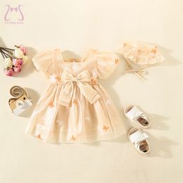 2Pcs/Set Summer Baby Girls Puff Sleeve Party Princess Evening Dresses Sweet Bow Children Clothes Smooth Breathable Kids Costume