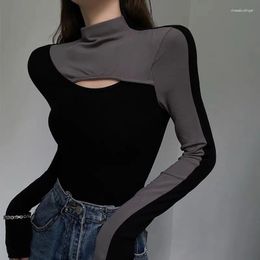 Women's T Shirts BEENLE Half High Neck Leggings Spring 2023 Slim-fit Hollowed Out Splicing Collision Colour Thickened T-shirt Top