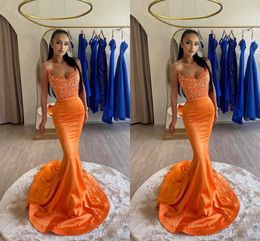 Dubai Arabic Orange Mermaid Evening Dresses Long for Women Plus Size Sweetheart Sequined Pleats Birthday Prom Celebrity Pageant Formal Occasion Party Gowns