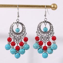 Vintage Bohemian Blue Red Beads Drop Dangle Earrings Geometric Hollow Antqiue Silver Color Boho Earings Jewelry Pendientes Mujer