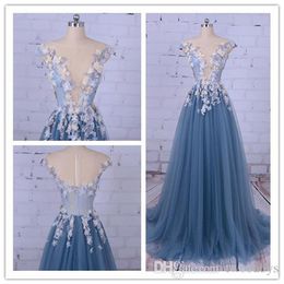Party Evening Dress for Woman Scoop A-Line Decorated with Flower Tull Blue Prom Dress for Graduation vestido de festa 2019239h