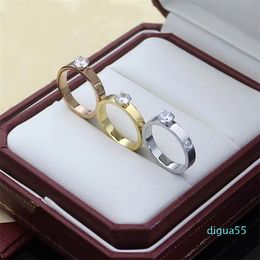 Style Men Lady Women Titanium steel 18K Gold Engraved Letter Four Prong Setting Single Diamond Lovers Narrow Rings