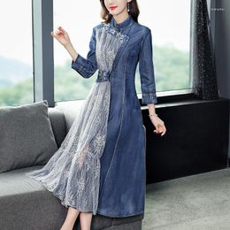 Casual Dresses Spring Fall Women Stand Collar Lace Patchwork Embroidery Ruffles Denim Dress Woman Autumn Cheongsam