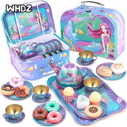 Tools Workshop Kids Tea Party Set for Little Girls Mermaid Gift Pretend Toy Tin Tea Set Princess Tea Time Kitchen Pretend Play Tea Set Toys 230720