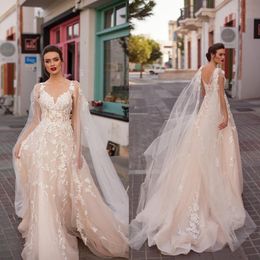 2020 Elegant Wedding Dresses V Neck Capped Sleeve Lace Appliques Bridal Gowns Backless Sweep Train A Line Wedding Dress Robe De Ma261J