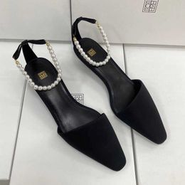 Toteme designer shoes Baotou Fashion Heel Cat Xiaozhong New Chunyuan Silk Single Shoes Straight Line Pearl Belt Thin Heel Sandals Female