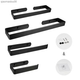 Black Aluminium Towel Toilet Paper Holder Rack Bathroom Kitchen Hand Towel Bar Punch Free Screws Mount Storage Shelf Organiser L230704