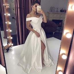 2019 Sexy V Neck Long White Prom Dress With High Split Elegant A-line Woman Off the Shoulder Evening Formal Gowns2526