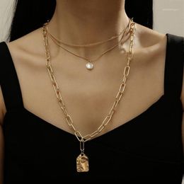 Chokers Punk Multi Layer Imitation Pearl Choker Necklace Collar Statement Square Head Portrait Relief Pendant Women Jewelry12774