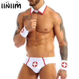 Mens Lingerie Doctor Nurse Sexy Cosplay Role Play Costumes Outfit Set Fancy Clubwear Jockstraps Briefs with Collar and Cuff 210616219v